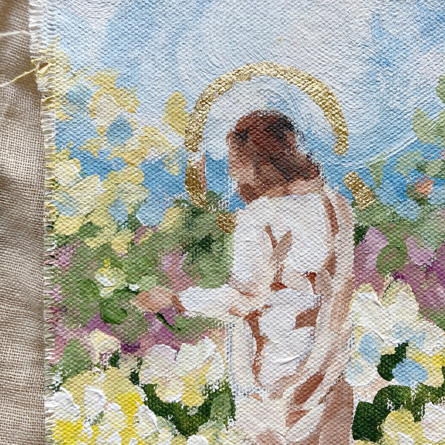 CHRIST IN A FIELD OF YELLOW & PURPLE FLOWERS | ORIGINAL PAINTING 4.75