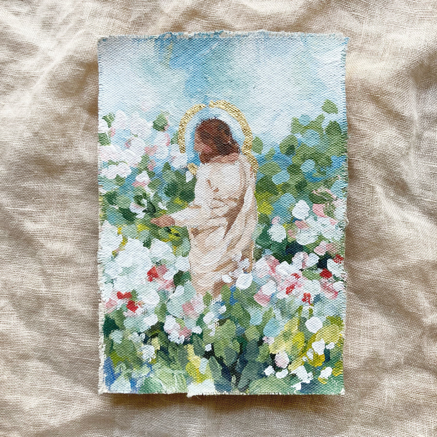 CHRIST IN A FIELD OF WHITE/PINK/RED FLOWERS | ORIGINAL PAINTING 4.75