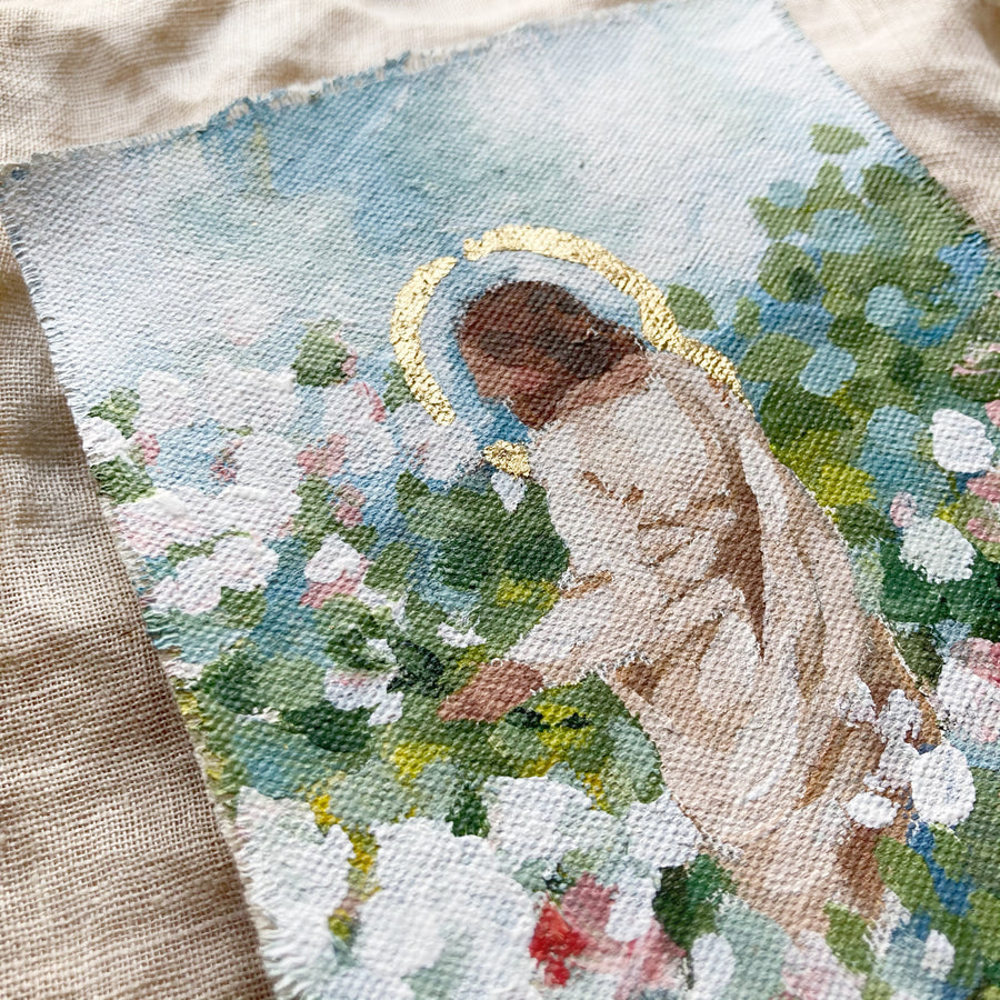 CHRIST IN A FIELD OF WHITE/PINK/RED FLOWERS | ORIGINAL PAINTING 4.75