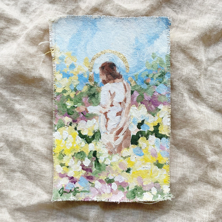 CHRIST IN A FIELD OF YELLOW & PURPLE FLOWERS | ORIGINAL PAINTING 4.75