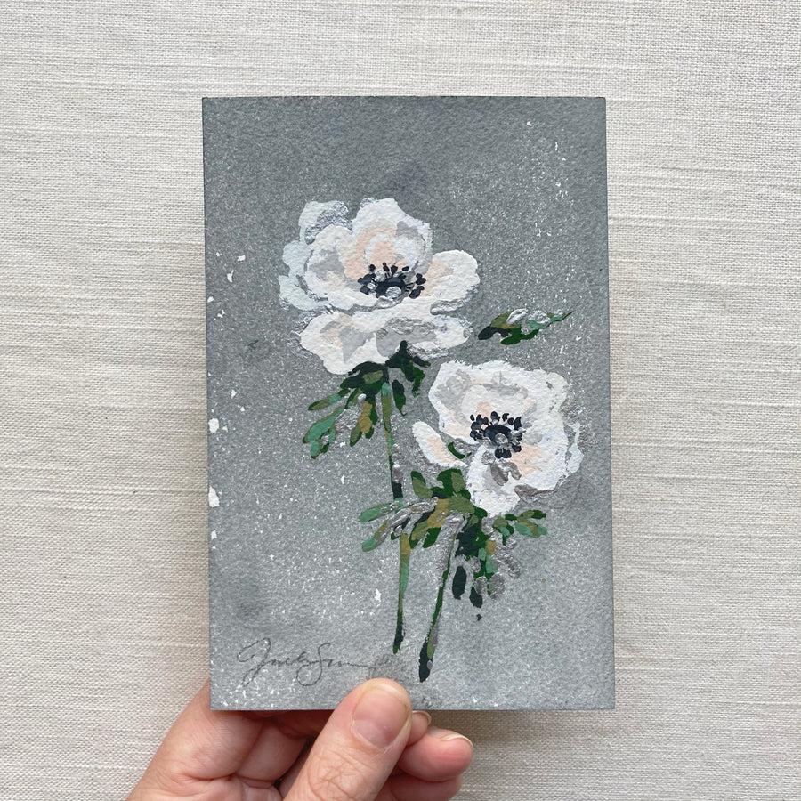 WHITE ANEMONE WITH SILVER ON TEA-DYED PAPER | ORIGINAL PAINTING 4
