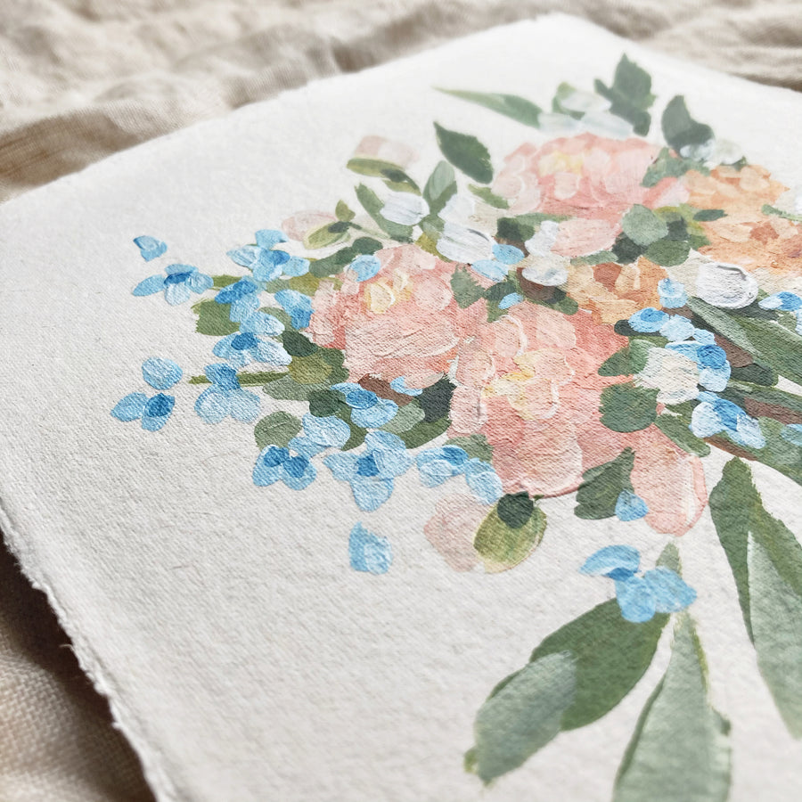 PINK AND BLUE BOUQUET | ORIGINAL PAINTING ON HANDMADE PAPER 7